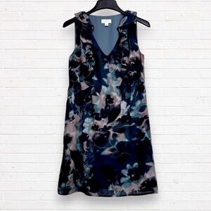 ANN TAYLOR LOFT  Blue Gray V-Neck Watercolor Ruffle Sleeveless Dress Women's 6